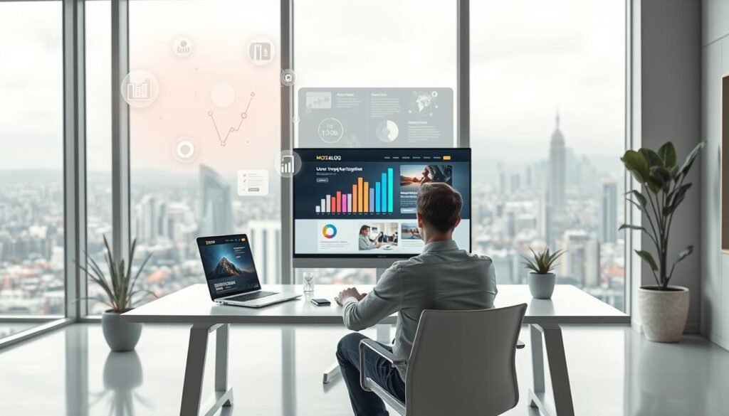 A serene, modern office space with sleek, minimalist design. A large window offers a panoramic view of a bustling cityscape. In the foreground, a user sits comfortably at a clean, ergonomic desk, seamlessly interacting with a MOJZ.BLOG website on a high-resolution display. The lighting is soft and diffused, creating a calming atmosphere. In the middle ground, abstract data visualizations and infographics float ethereally, illustrating the importance of user experience optimization. The background features a vibrant, impressionistic cityscape, hinting at the broader impact of effective SEO strategies for small businesses.