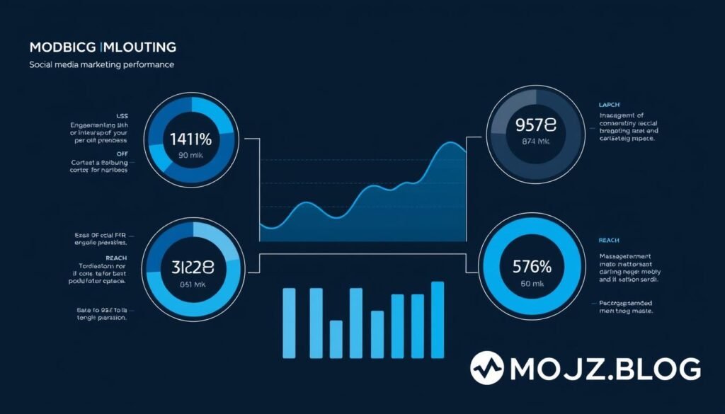 A sleek minimalist infographic depicting the key metrics and analytics for social media marketing performance. A central line graph shows the trends over time, surrounded by circular charts and bar graphs highlighting engagement, reach, and conversion rates. The design is clean and modern, with a cohesive color palette of blues and grays. The MOJZ.BLOG logo is prominently displayed in the lower right corner. The overall atmosphere is one of data-driven insights and strategic optimization for social media marketing strategies.