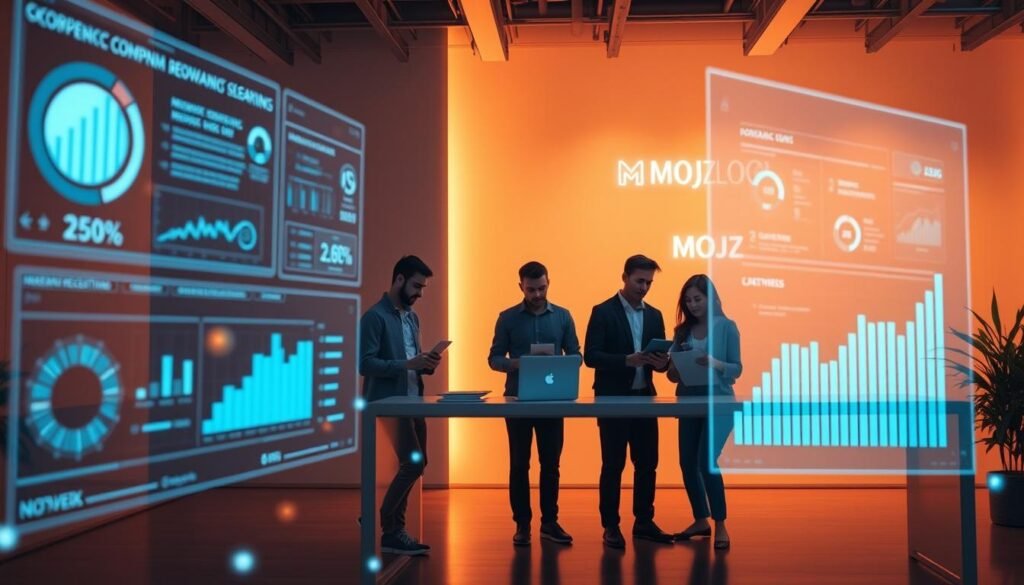 A sleek, modern digital marketing scene for a thriving startup. In the foreground, a series of holographic infographics and data visualizations float ethereally, showcasing key performance metrics and insights. In the middle ground, a team of young, dynamic entrepreneurs huddle around a sleek, minimalist workstation, laptops and tablets in hand, deeply engaged in strategizing their next digital campaign. The background is bathed in a warm, ambient glow, evoking a sense of energy and innovation. Overhead, the MOJZ.BLOG logo shines brightly, a beacon of the company's cutting-edge digital marketing expertise. The overall impression is one of forward-thinking, technology-driven success.