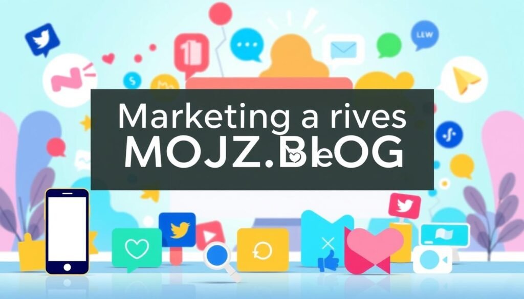 A vibrant, digital illustration showcasing marketing advice for small businesses on social media. In the foreground, a group of stylized icons representing various social media platforms, such as a mobile phone, chat bubbles, and a computer screen. In the middle ground, a collection of colorful, abstract shapes and patterns, conveying the dynamic nature of social media marketing. In the background, a clean, minimalist layout featuring the title "MOJZ.BLOG" in a modern, sleek font. The overall mood is inspiring, innovative, and empowering, encouraging small businesses to embrace the power of social media for their marketing strategies.