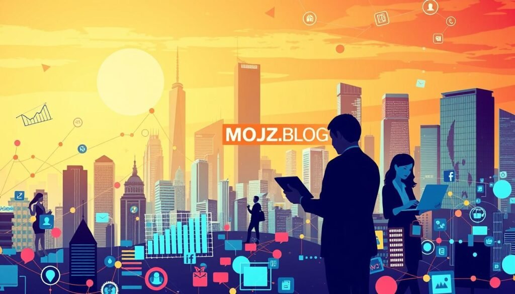 A vibrant illustration showcasing effective social media marketing strategies. In the foreground, a dynamic collage of digital marketing icons like graphs, charts, and online platforms. In the middle ground, business professionals strategizing with laptops and smartphones, surrounded by a network of digital connections. In the background, a sleek cityscape with the MOJZ.BLOG brand prominently displayed, conveying a sense of modernity and innovation. The lighting is warm and inviting, creating an atmosphere of productivity and success. The overall composition is cohesive and visually striking, reflecting the power of strategic social media marketing for emerging businesses.