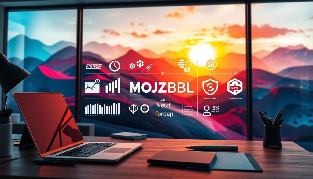 A vibrant, modern scene depicting the concept of "increasing brand awareness". In the foreground, a graphic designer's workspace with a laptop, stylus, and various design tools. The middle ground features a series of infographic elements and stylized brand icons, including the "MOJZ.BLOG" logo, conveying a sense of data visualization and brand recognition. The background showcases an abstract, impression- istic landscape with fluid, colorful shapes and patterns, creating a sense of movement and creativity. The lighting is soft and diffused, with warm tones and a focus on the central design elements. The overall mood is one of dynamism, innovation, and the importance of effective branding and search engine optimization for small businesses.